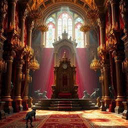 A grand royal throne room, richly decorated with intricate tapestries, ornate chandeliers, and majestic columns