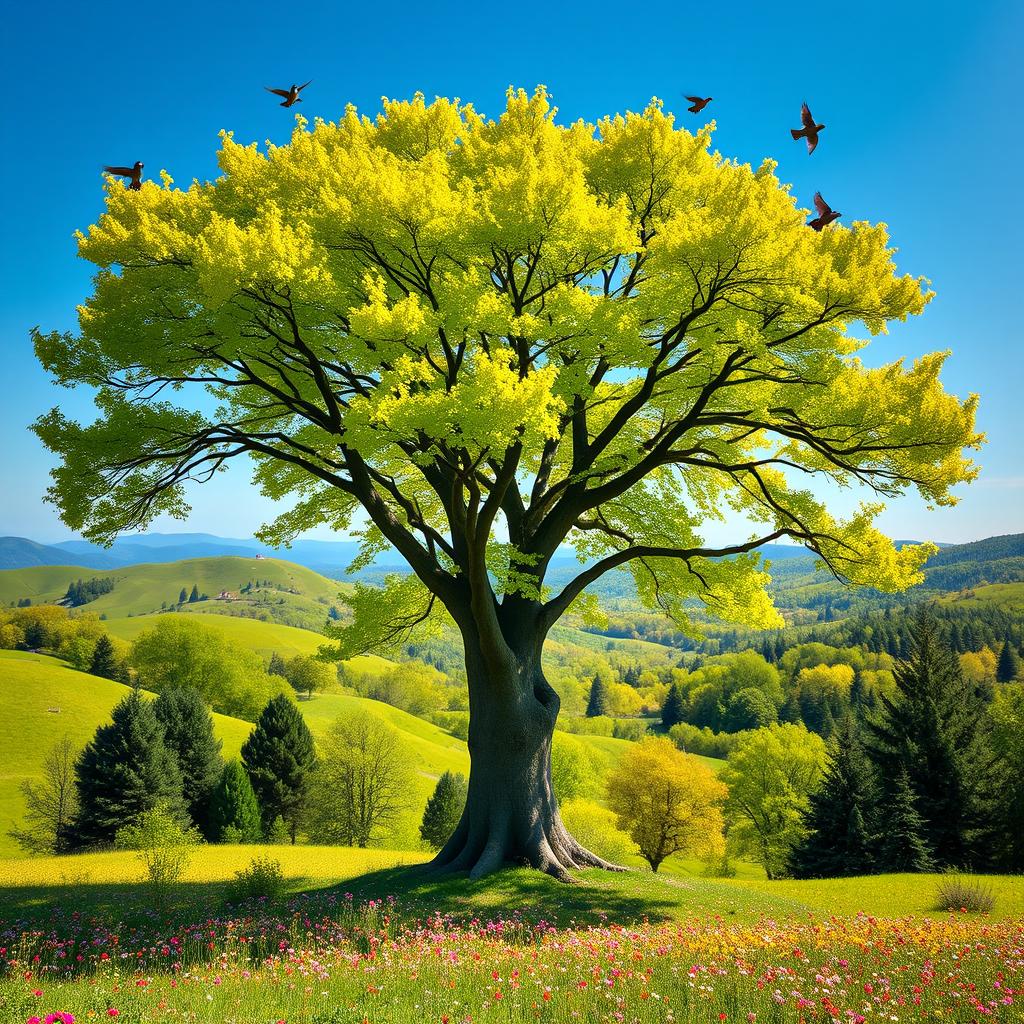 A majestic tree standing tall in a vibrant forest, with bright green leaves shimmering in the sunlight