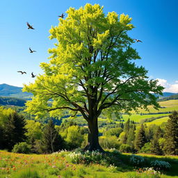 A majestic tree standing tall in a vibrant forest, with bright green leaves shimmering in the sunlight