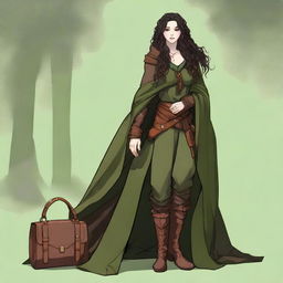 A high-quality digital art depicting a female druid with long, dark brown curly hair