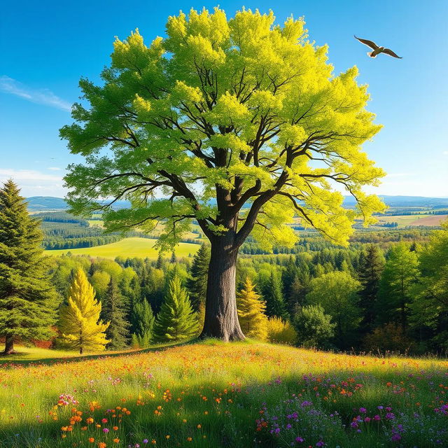 A majestic tree standing tall in a vibrant forest, with bright green leaves shimmering in the sunlight