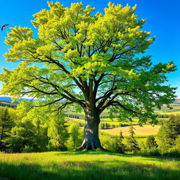 A majestic tree standing tall in a vibrant forest, with bright green leaves shimmering in the sunlight