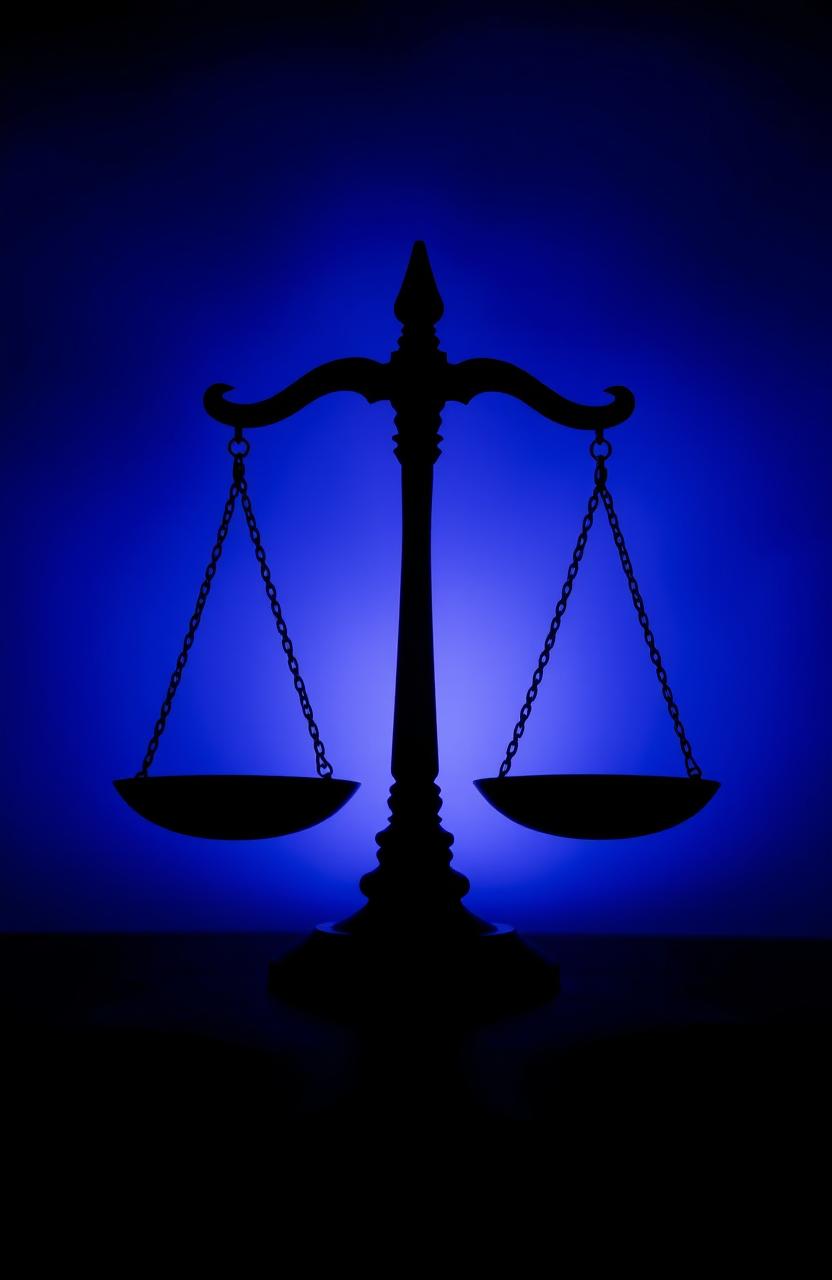 A striking silhouette of the scales of justice, symbolizing fairness and balance