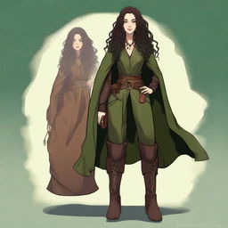 A high-quality digital art depicting a female druid with long, dark brown curly hair