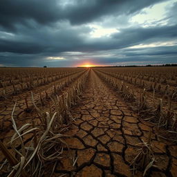A desolate landscape depicting fields of failed crops, with rows of dry, brittle stalks and cracked earth under a harsh, overcast sky