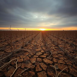 A desolate landscape depicting fields of failed crops, with rows of dry, brittle stalks and cracked earth under a harsh, overcast sky