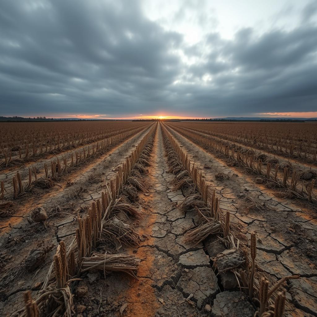 A desolate landscape depicting fields of failed crops, with rows of dry, brittle stalks and cracked earth under a harsh, overcast sky