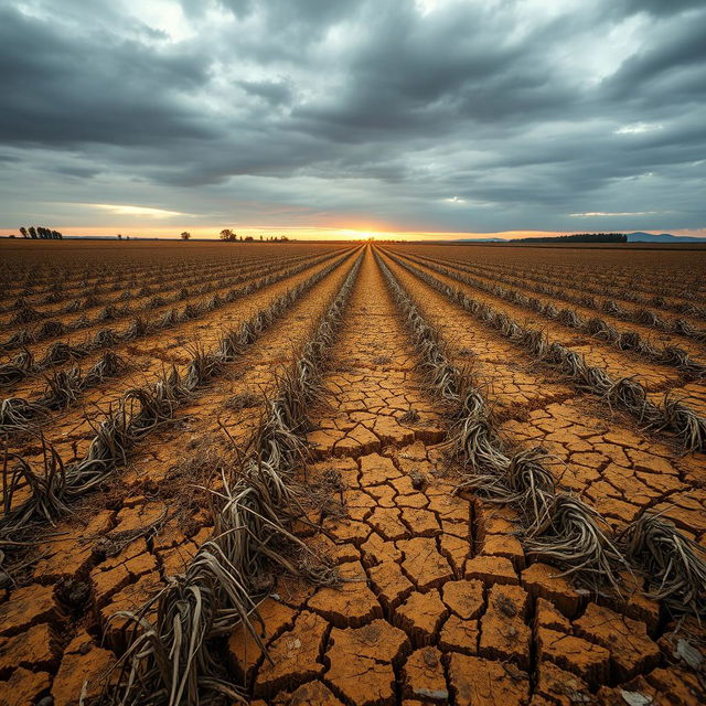 A desolate landscape depicting fields of failed crops, with rows of dry, brittle stalks and cracked earth under a harsh, overcast sky
