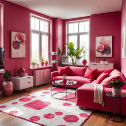 A modern apartment interior designed in shades of berry, featuring berry-colored walls and decor