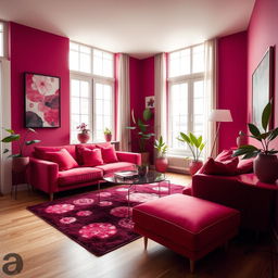 A modern apartment interior designed in shades of berry, featuring berry-colored walls and decor
