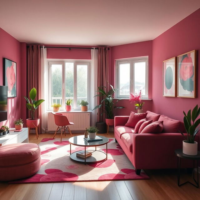 A modern apartment interior designed in shades of berry, featuring berry-colored walls and decor