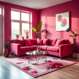 A modern apartment interior designed in shades of berry, featuring berry-colored walls and decor