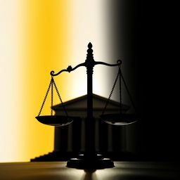 A powerful silhouette of the scales of justice with a grand courthouse in the background