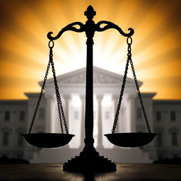 A powerful silhouette of the scales of justice with a grand courthouse in the background