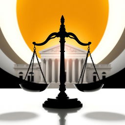 A powerful silhouette of the scales of justice with a grand courthouse in the background