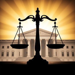 A powerful silhouette of the scales of justice with a grand courthouse in the background