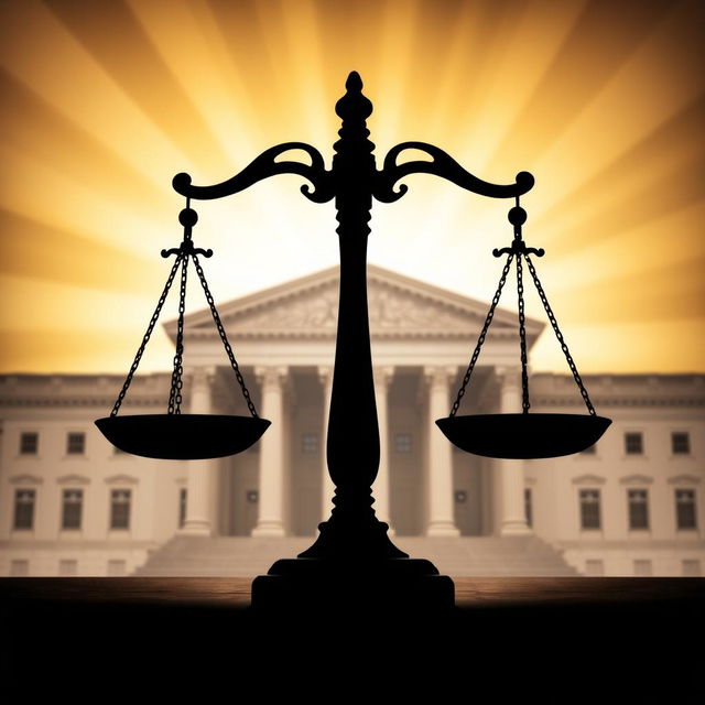 A powerful silhouette of the scales of justice with a grand courthouse in the background