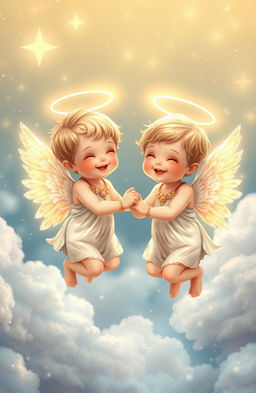 Two adorable boy angels with soft, glowing halos, playfully floating in a celestial setting filled with fluffy clouds and twinkling stars