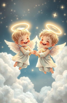 Two adorable boy angels with soft, glowing halos, playfully floating in a celestial setting filled with fluffy clouds and twinkling stars