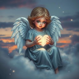 A poignant scene featuring a beautiful angel with delicate, shimmering wings, sitting on a cloud amidst a soft, twilight sky