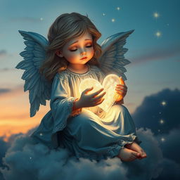 A poignant scene featuring a beautiful angel with delicate, shimmering wings, sitting on a cloud amidst a soft, twilight sky