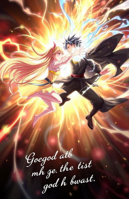 A girl and boy engaged in a dynamic fight, displaying incredible energy and movement, surrounded by a dramatic background of light and darkness clashing together