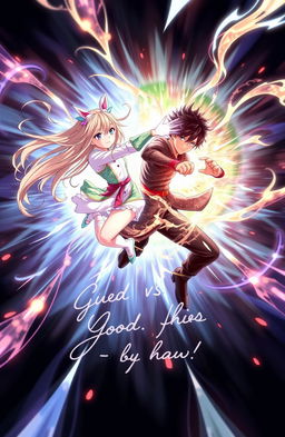 A girl and boy engaged in a dynamic fight, displaying incredible energy and movement, surrounded by a dramatic background of light and darkness clashing together