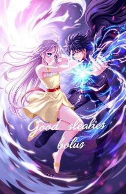 A girl and boy engaged in a dynamic fight, displaying incredible energy and movement, surrounded by a dramatic background of light and darkness clashing together