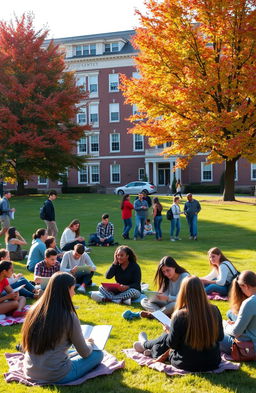 A bustling college campus during autumn, showcasing a diverse group of students studying together outside on the grass under colorful trees