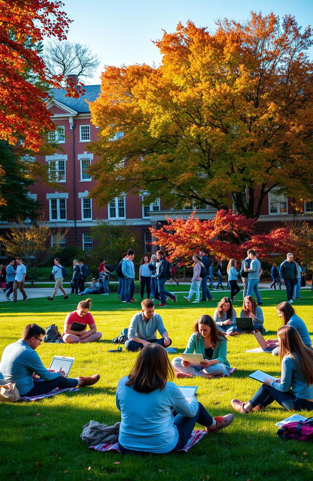 A bustling college campus during autumn, showcasing a diverse group of students studying together outside on the grass under colorful trees