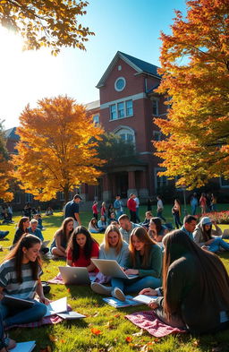 A bustling college campus during autumn, showcasing a diverse group of students studying together outside on the grass under colorful trees
