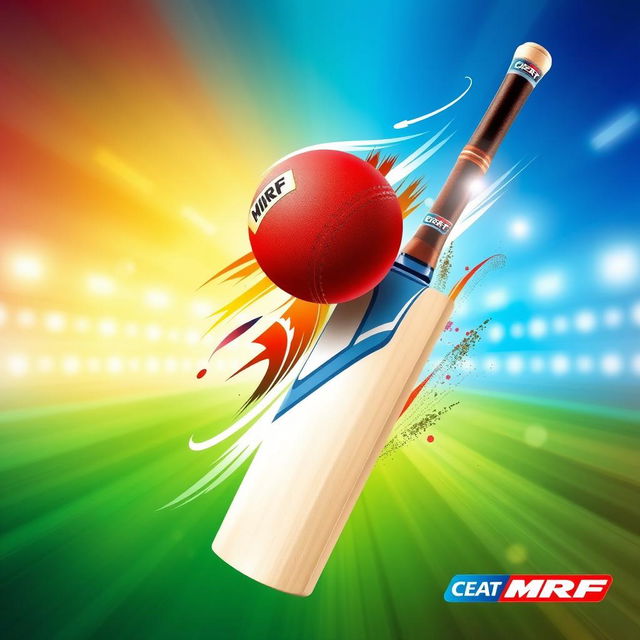 A vibrant and dynamic wallpaper design featuring cricket elements, prominently showcasing the CEAT and MRF logos