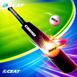 A vibrant and dynamic wallpaper design featuring cricket elements, prominently showcasing the CEAT and MRF logos