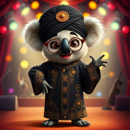 A whimsical character design of Buster Moon, the energetic koala from the movie 'Sing', dressed in traditional Ayatollah attire