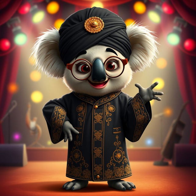 A whimsical character design of Buster Moon, the energetic koala from the movie 'Sing', dressed in traditional Ayatollah attire