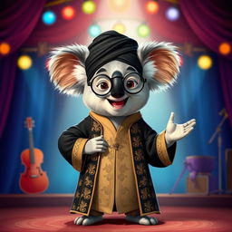 A whimsical character design of Buster Moon, the energetic koala from the movie 'Sing', dressed in traditional Ayatollah attire