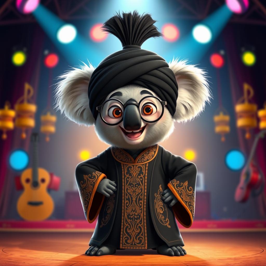 A whimsical character design of Buster Moon, the energetic koala from the movie 'Sing', dressed in traditional Ayatollah attire