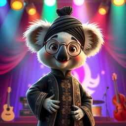A whimsical character design of Buster Moon, the energetic koala from the movie 'Sing', dressed in traditional Ayatollah attire