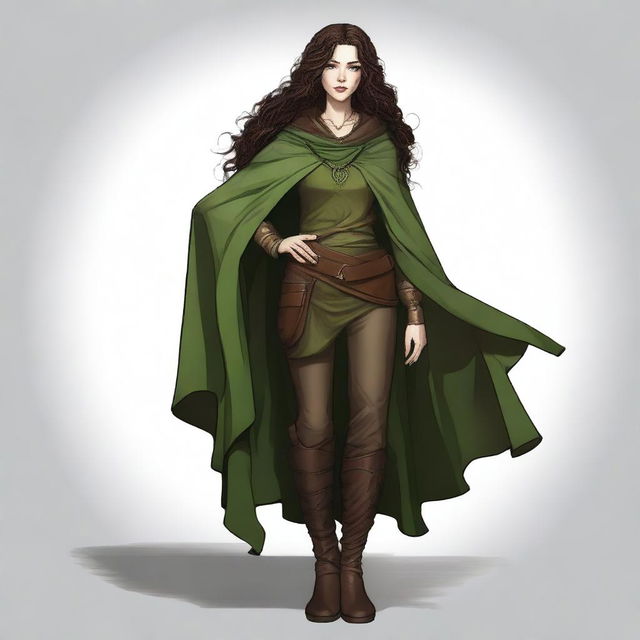 A high-quality digital art showcasing a female druid with long, dark brown curly hair and enchanting green-brown eyes