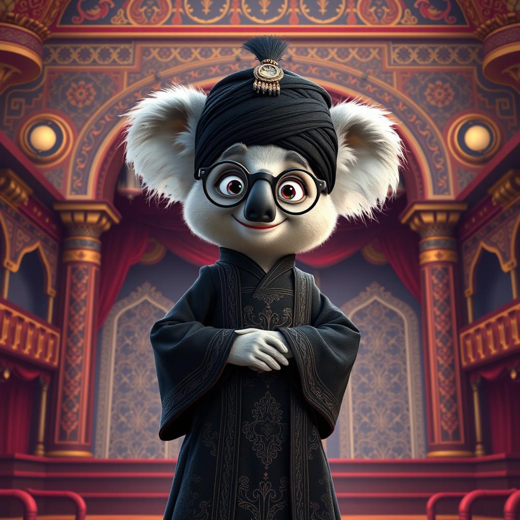 A creative representation of Buster Moon, the charismatic koala from 'Sing', dressed in traditional Iranian Ayatollah attire
