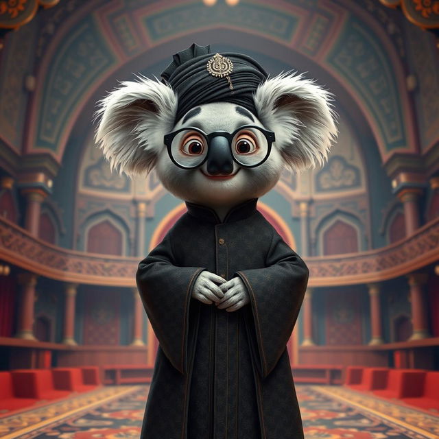 A creative representation of Buster Moon, the charismatic koala from 'Sing', dressed in traditional Iranian Ayatollah attire