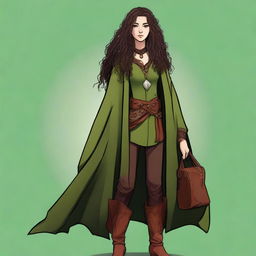 A high-quality digital art showcasing a female druid with long, dark brown curly hair and enchanting green-brown eyes