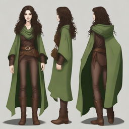 A high-quality digital art showcasing a female druid with long, dark brown curly hair and enchanting green-brown eyes