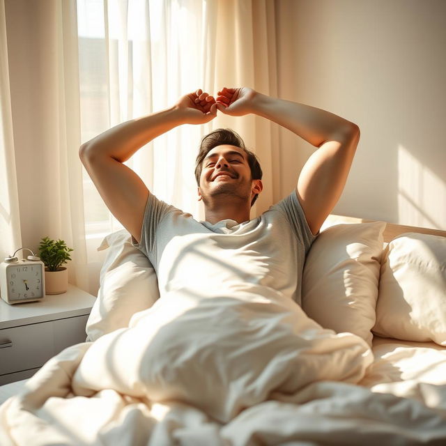 A man waking up in a sunlit bedroom, lying on a cozy bed with fluffy pillows