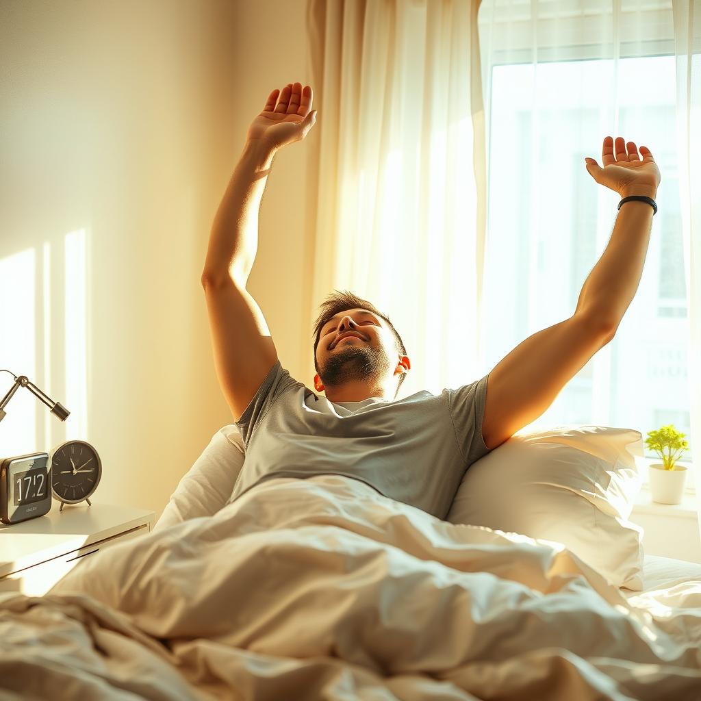 A man waking up in a sunlit bedroom, lying on a cozy bed with fluffy pillows