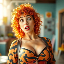 A surprised woman standing tall, with vibrant curly red hair and large breasts, dressed in a stylish, eye-catching outfit