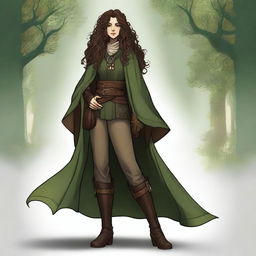 A high-quality digital art showcasing a female druid with long, dark brown curly hair and enchanting green-brown eyes