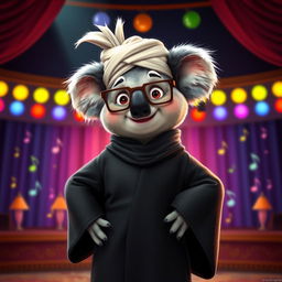 A delightful depiction of Buster Moon, the spirited koala from 'Sing', wearing traditional Iranian Ayatollah attire