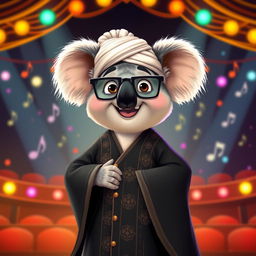 A delightful depiction of Buster Moon, the spirited koala from 'Sing', wearing traditional Iranian Ayatollah attire