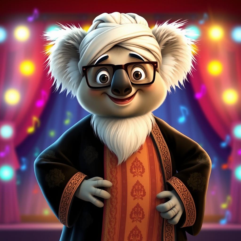 A delightful depiction of Buster Moon, the spirited koala from 'Sing', wearing traditional Iranian Ayatollah attire